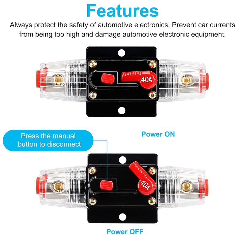 NOWEIERTON 40 Amp Audio Circuit Breaker,,12V-48V DC Fuse Holder,20-300A Breaker Switch,Inline Circuit Breaker with Reset Button,for Automotive Marine Boat Audio System Current Overload Protection - Image 3